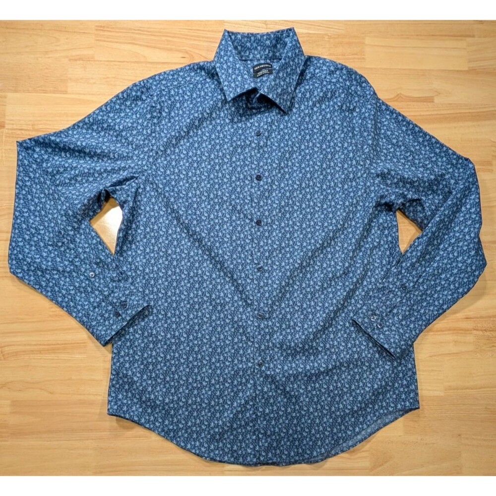 Van Heusen Shirt Mens XL Stain Shield Slim Fit Stretch Blue Floral Button Down
